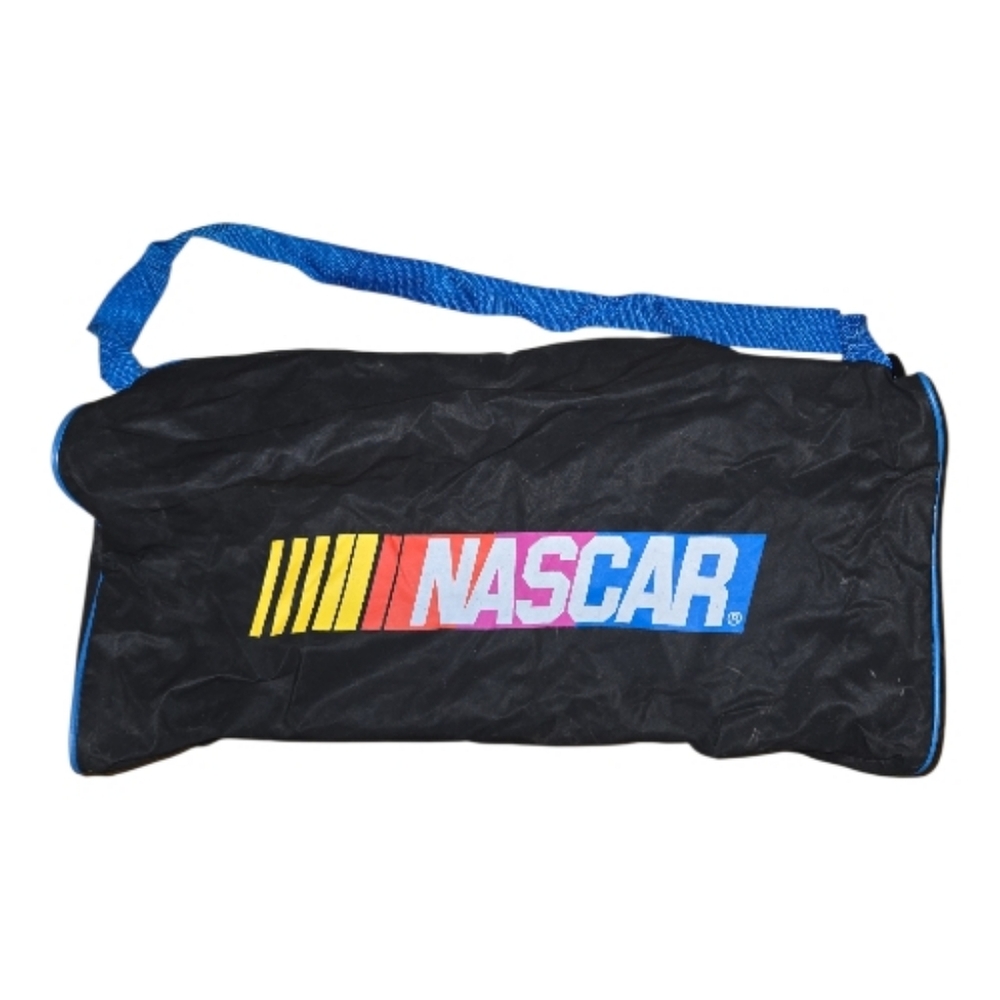 vintage NASCAR MBNA Motorsports duffel bag in black with blue trim.